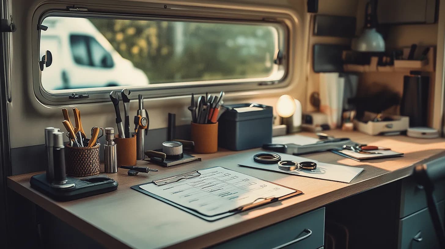 Werkbank in een camper met uitzicht op bedrijfsbus