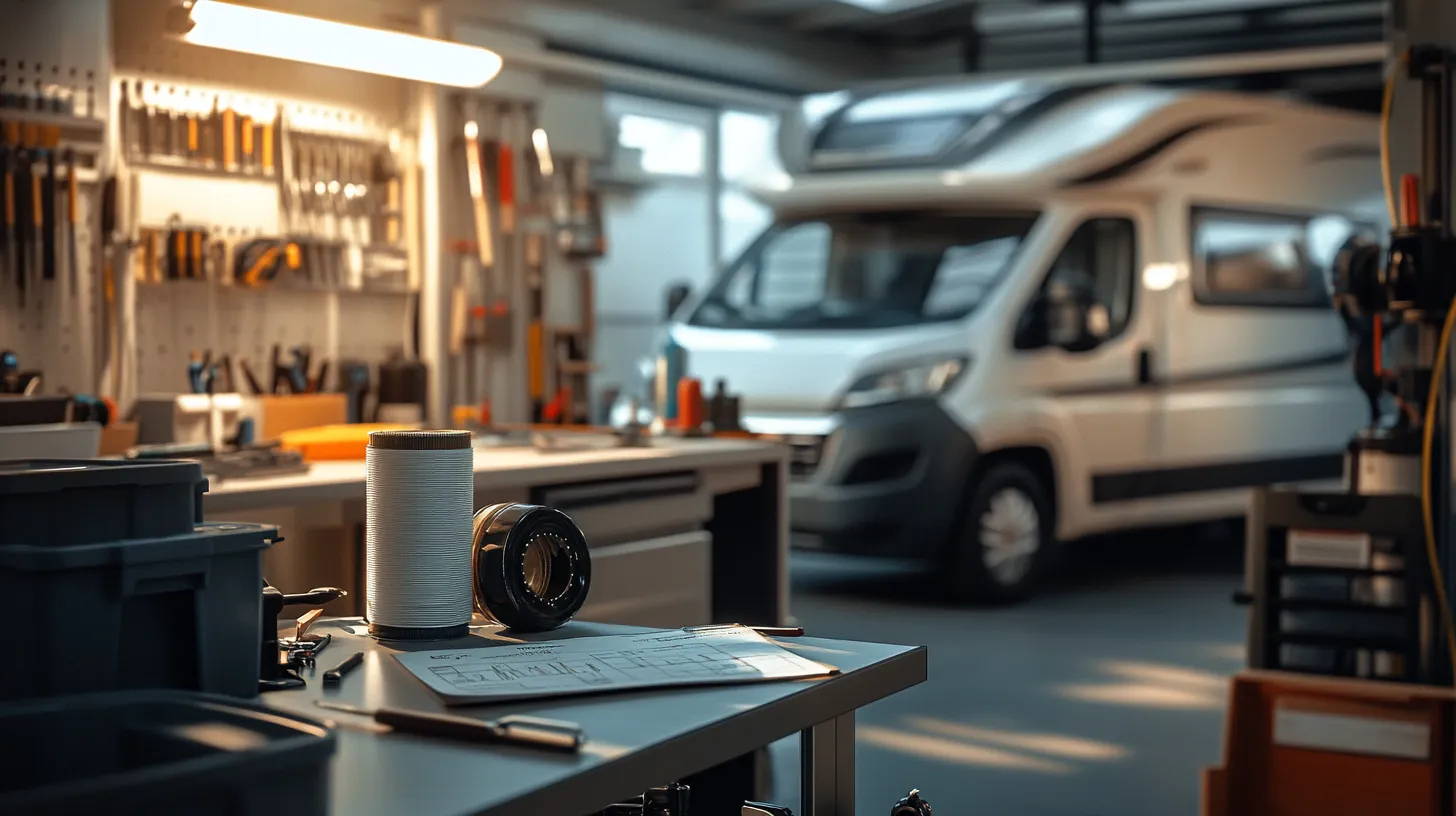Camper in de werkplaats, met gereedschap en documenten op de voorgrond